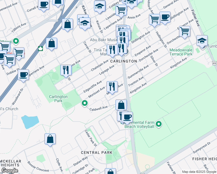 map of restaurants, bars, coffee shops, grocery stores, and more near 1438 Morisset Avenue in Ottawa