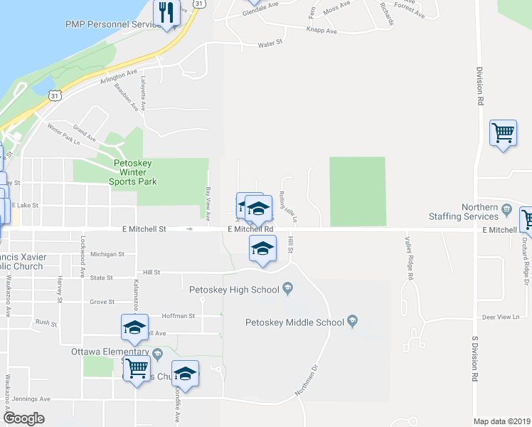 map of restaurants, bars, coffee shops, grocery stores, and more near 311 Foxwood Lane in Petoskey