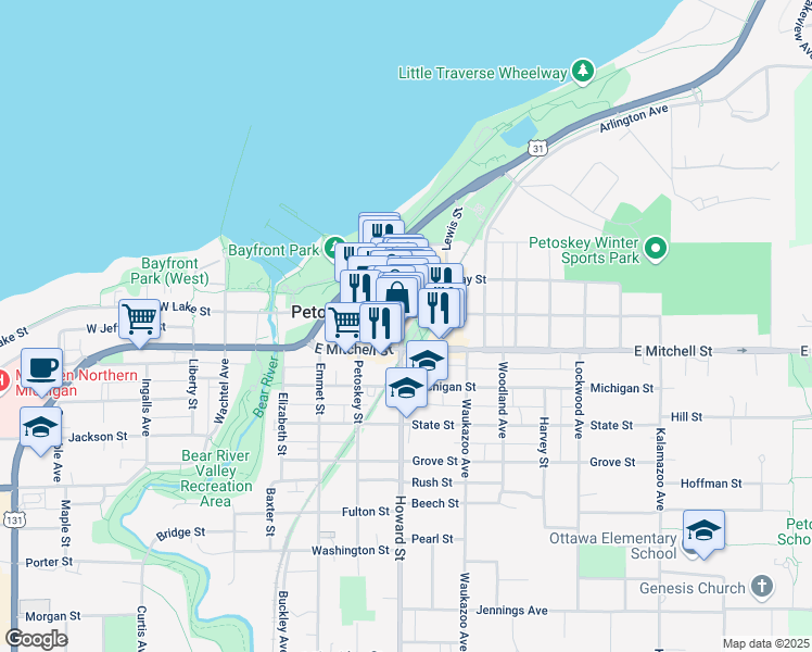 map of restaurants, bars, coffee shops, grocery stores, and more near 401 East Lake Street in Petoskey