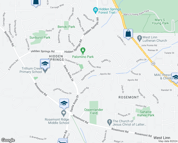 map of restaurants, bars, coffee shops, grocery stores, and more near 2348 Appaloosa Way in West Linn