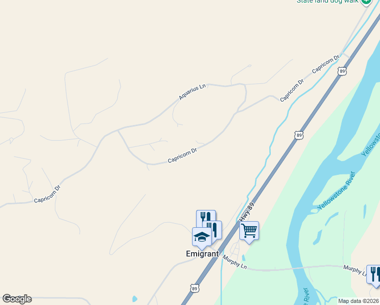 map of restaurants, bars, coffee shops, grocery stores, and more near 106 Capricorn Drive in Emigrant