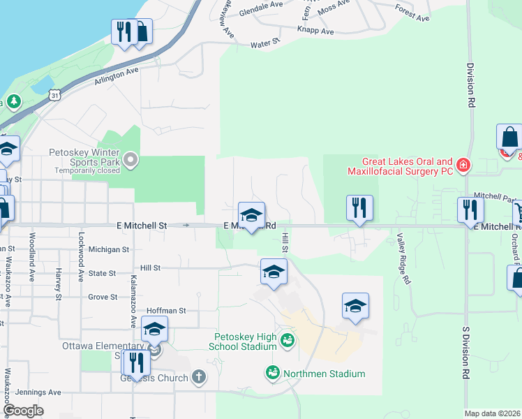 map of restaurants, bars, coffee shops, grocery stores, and more near 311 Foxwood Lane in Petoskey