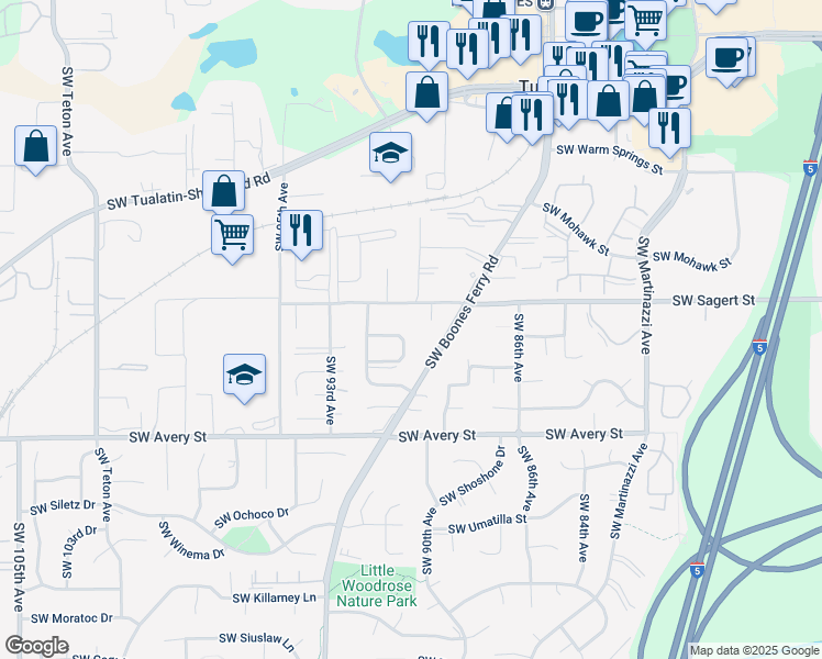 map of restaurants, bars, coffee shops, grocery stores, and more near 9240 Southwest Cree Circle in Tualatin