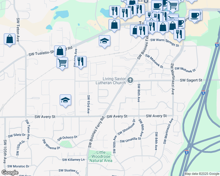 map of restaurants, bars, coffee shops, grocery stores, and more near 9240 Southwest Cree Circle in Tualatin