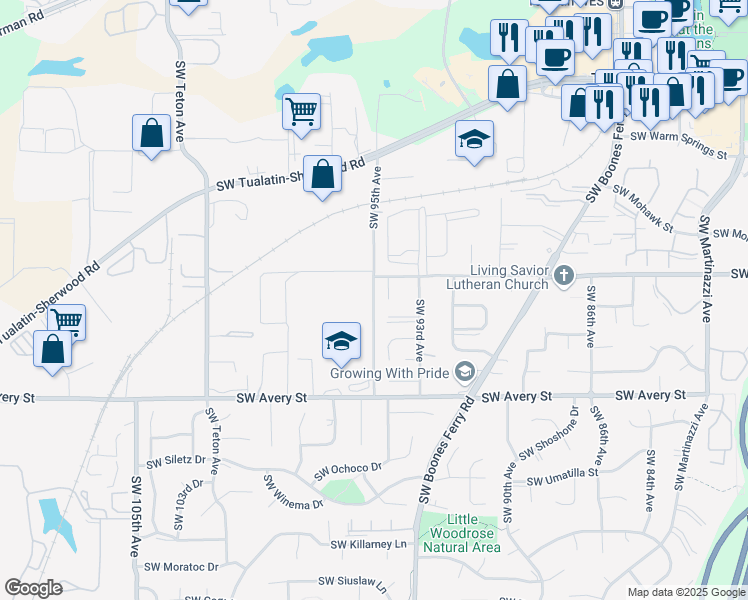 map of restaurants, bars, coffee shops, grocery stores, and more near 19999 Southwest 95th Avenue in Tualatin