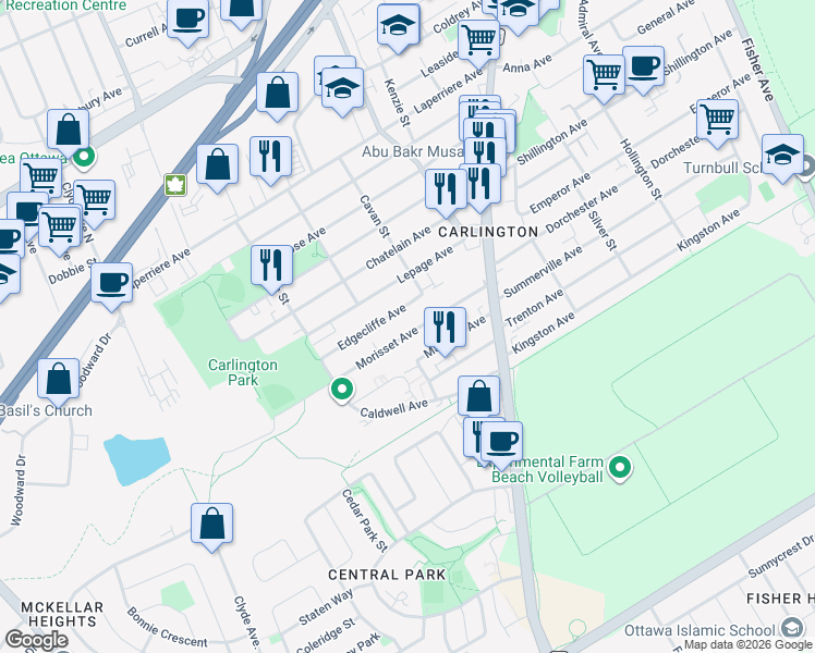map of restaurants, bars, coffee shops, grocery stores, and more near 1455 Morisset Avenue in Ottawa