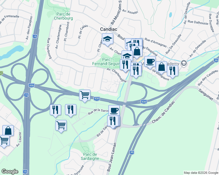 map of restaurants, bars, coffee shops, grocery stores, and more near 45 Rue de Chantilly in Candiac