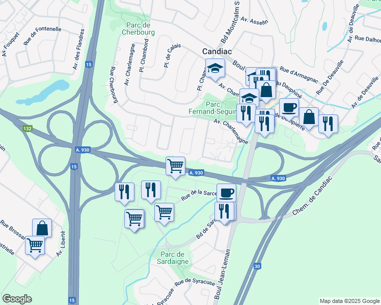 map of restaurants, bars, coffee shops, grocery stores, and more near 23 Rue du Calvados in Candiac