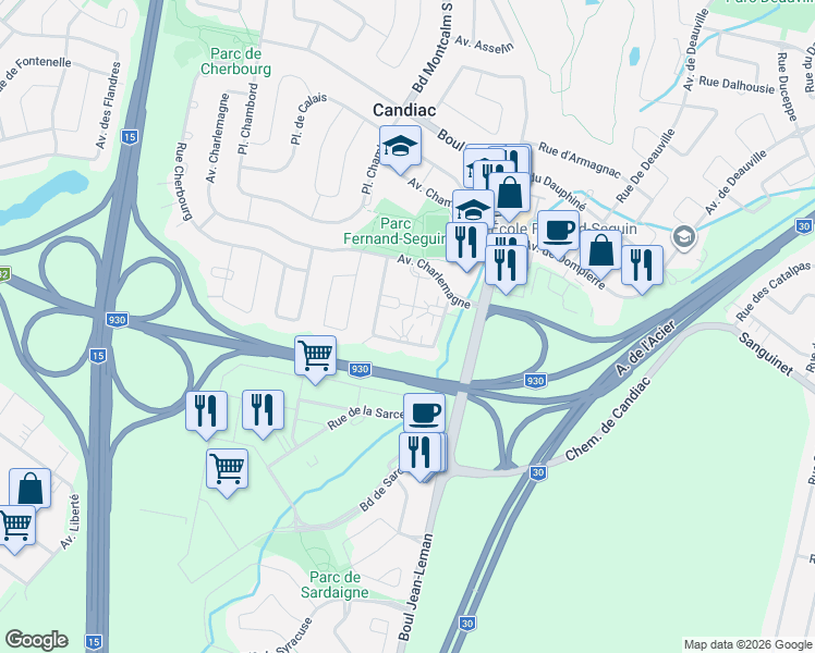 map of restaurants, bars, coffee shops, grocery stores, and more near 45 Rue de Chantilly in Candiac