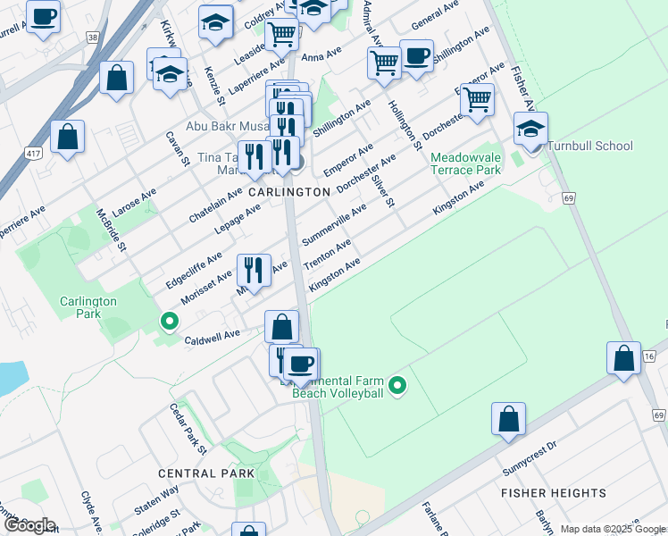 map of restaurants, bars, coffee shops, grocery stores, and more near 1355 Kingston Avenue in Ottawa