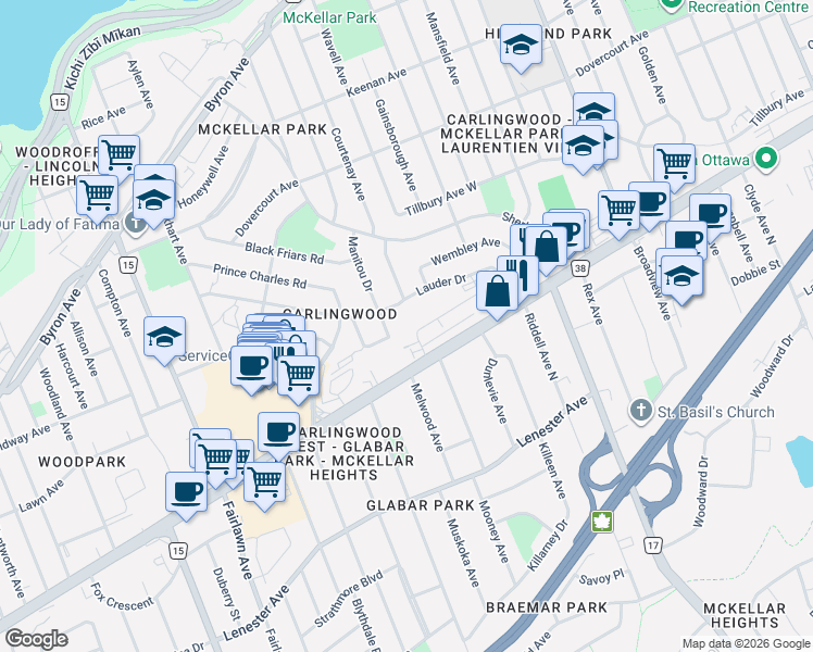 map of restaurants, bars, coffee shops, grocery stores, and more near 1965 Bromley Road in Ottawa