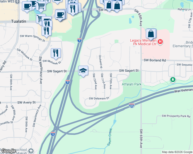 map of restaurants, bars, coffee shops, grocery stores, and more near 20100 Southwest 72nd Avenue in Tualatin