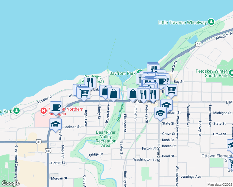 map of restaurants, bars, coffee shops, grocery stores, and more near 100-116 West Lake Street in Petoskey