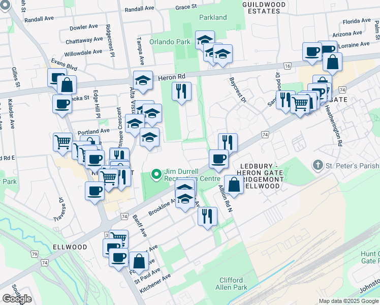 map of restaurants, bars, coffee shops, grocery stores, and more near 163 Colliston Crescent in Ottawa