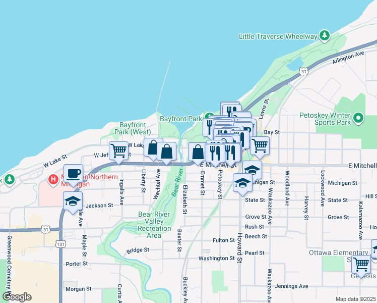 map of restaurants, bars, coffee shops, grocery stores, and more near 106 East Lake Street in Petoskey