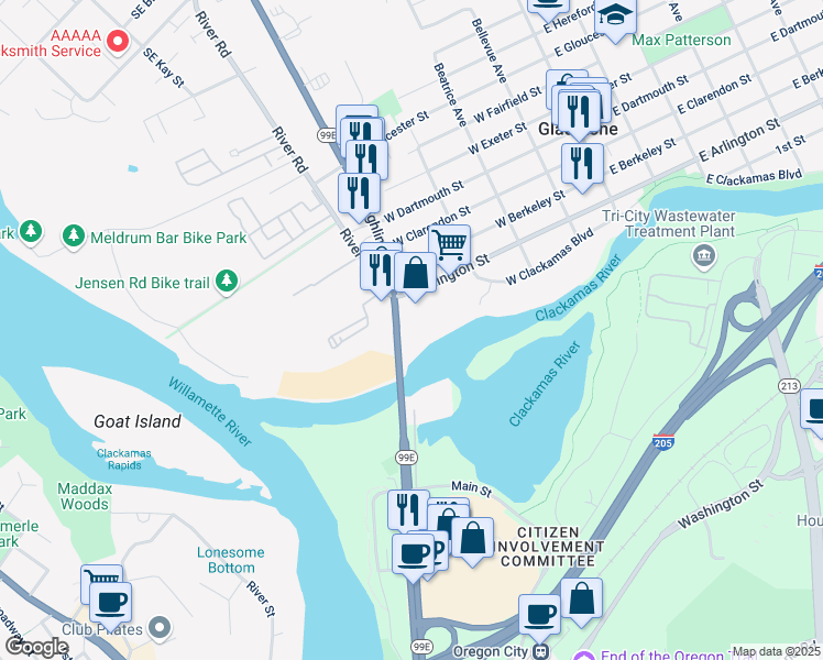 map of restaurants, bars, coffee shops, grocery stores, and more near 20128 McLoughlin Boulevard in Gladstone