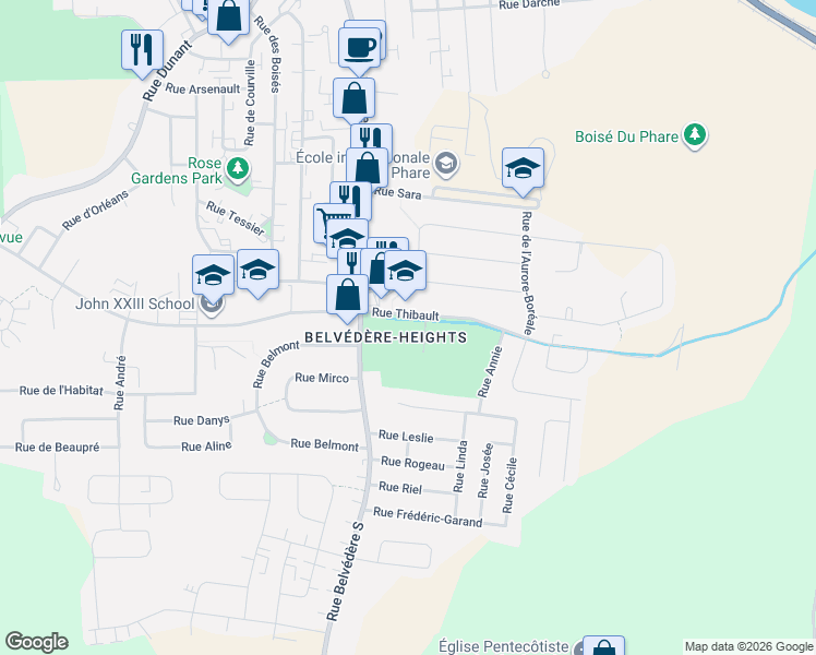 map of restaurants, bars, coffee shops, grocery stores, and more near 500 Rue Thibault in Sherbrooke