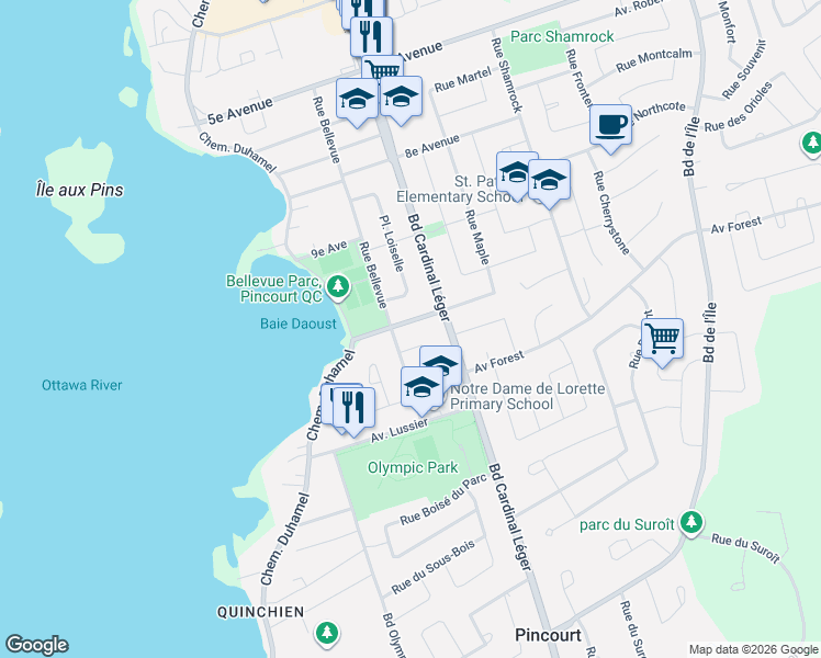 map of restaurants, bars, coffee shops, grocery stores, and more near 71 Avenue Monseigneur-Langlois in Pincourt