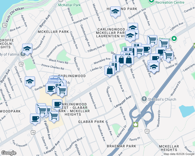 map of restaurants, bars, coffee shops, grocery stores, and more near 1983 Carling Avenue in Ottawa