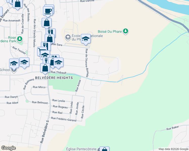map of restaurants, bars, coffee shops, grocery stores, and more near 330 Rue du Vent-du-Nord in Sherbrooke