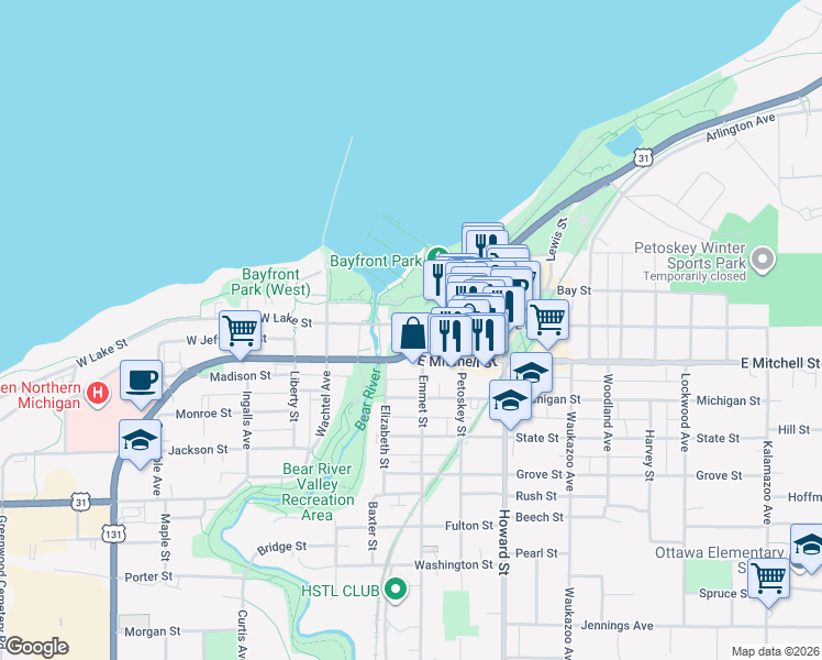 map of restaurants, bars, coffee shops, grocery stores, and more near in Petoskey