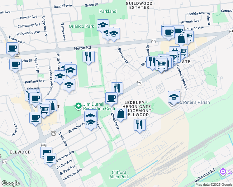map of restaurants, bars, coffee shops, grocery stores, and more near 1449 Walkley Road in Ottawa