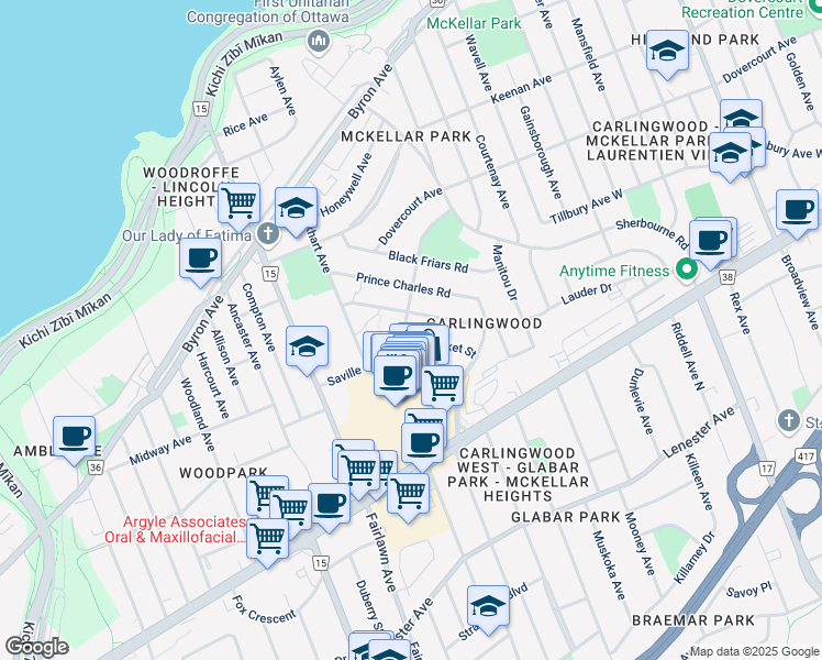 map of restaurants, bars, coffee shops, grocery stores, and more near 2075 Haymarket Street in Ottawa