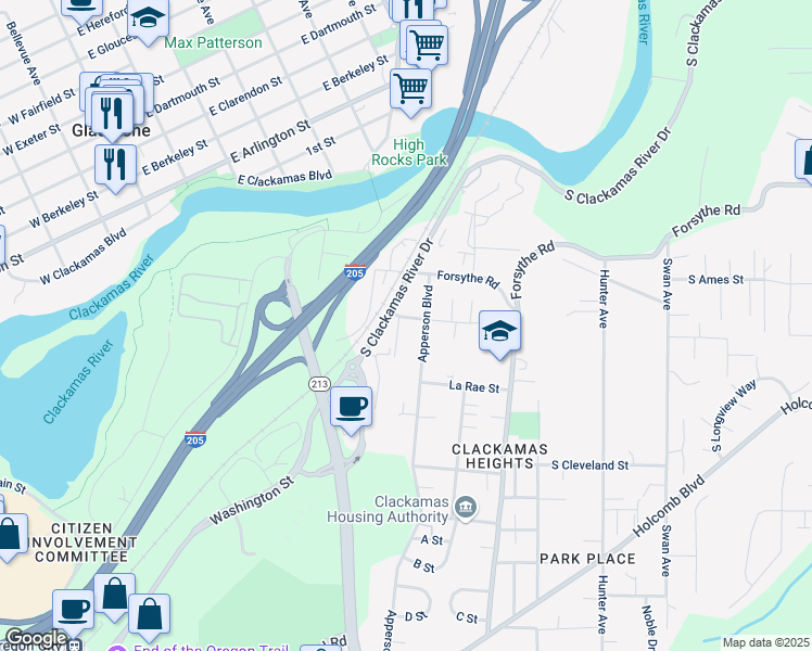 map of restaurants, bars, coffee shops, grocery stores, and more near 13824 Melinda Street in Oregon City