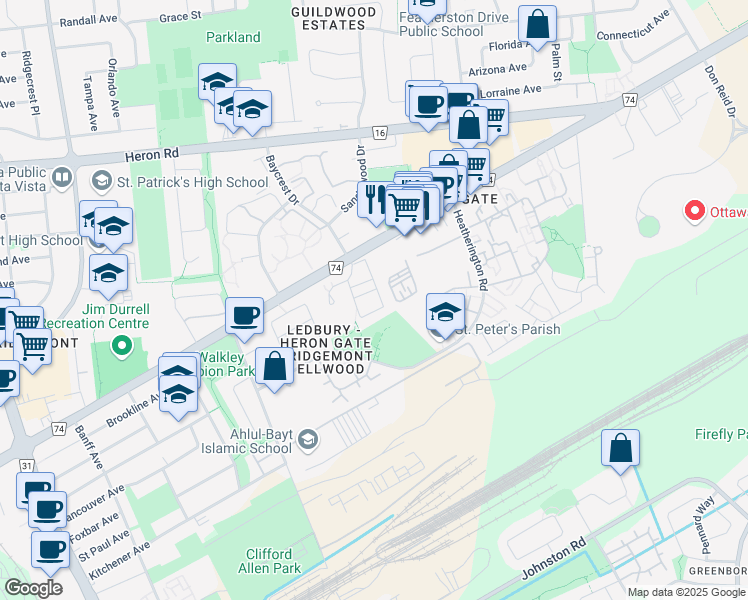 map of restaurants, bars, coffee shops, grocery stores, and more near 562 Reardon Private in Ottawa