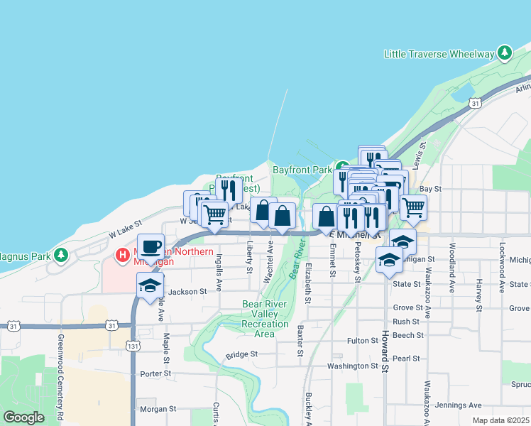 map of restaurants, bars, coffee shops, grocery stores, and more near 203 West Lake Street in Petoskey