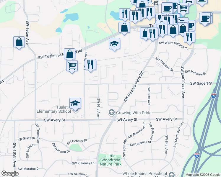map of restaurants, bars, coffee shops, grocery stores, and more near 9275 Southwest Apache Drive in Tualatin