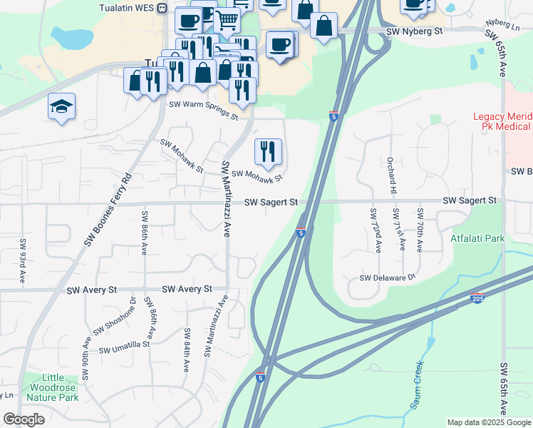map of restaurants, bars, coffee shops, grocery stores, and more near 7800 Southwest Sagert Street in Tualatin