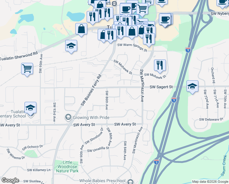 map of restaurants, bars, coffee shops, grocery stores, and more near 8510 Southwest Sagert Street in Tualatin