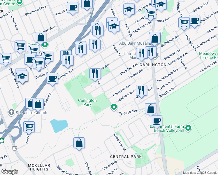 map of restaurants, bars, coffee shops, grocery stores, and more near in Ottawa