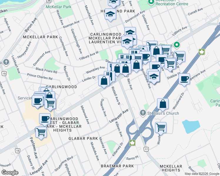 map of restaurants, bars, coffee shops, grocery stores, and more near 1910 Carling Avenue in Ottawa