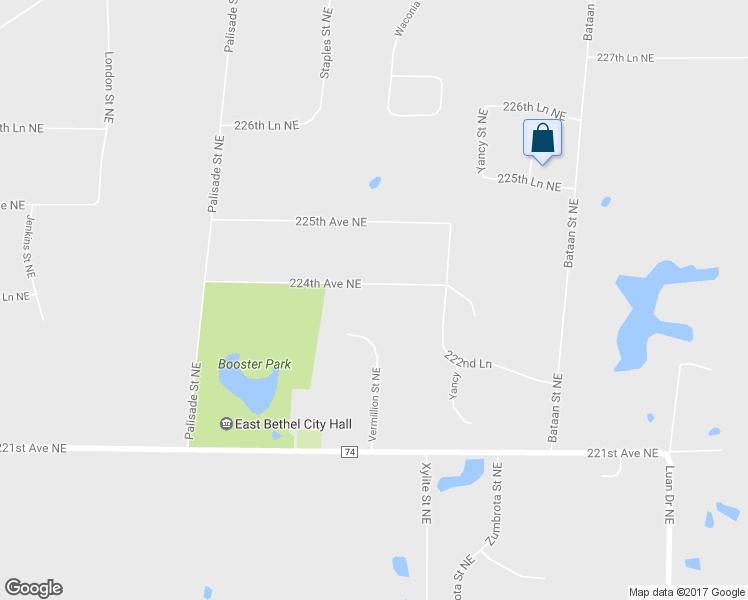 map of restaurants, bars, coffee shops, grocery stores, and more near 2460 224th Avenue Northeast in East Bethel