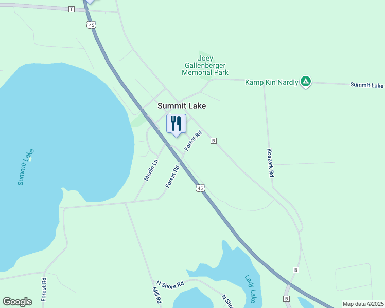 map of restaurants, bars, coffee shops, grocery stores, and more near W10783 Forest Road in Summit Lake