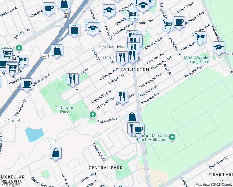 map of restaurants, bars, coffee shops, grocery stores, and more near 1435 Morisset Avenue in Ottawa
