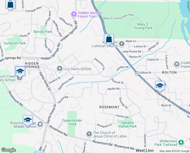 map of restaurants, bars, coffee shops, grocery stores, and more near 6581 Palomino Way in West Linn