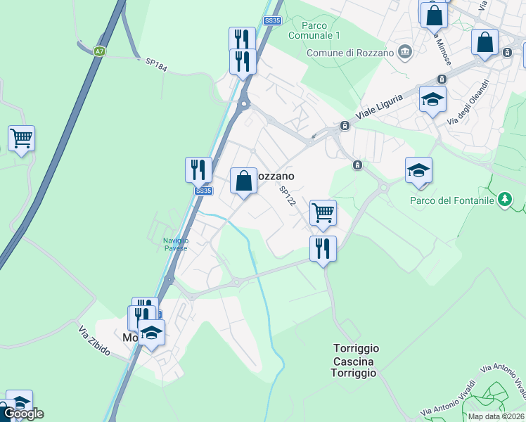 map of restaurants, bars, coffee shops, grocery stores, and more near 2 Via Carlo Pisacane in Rozzano