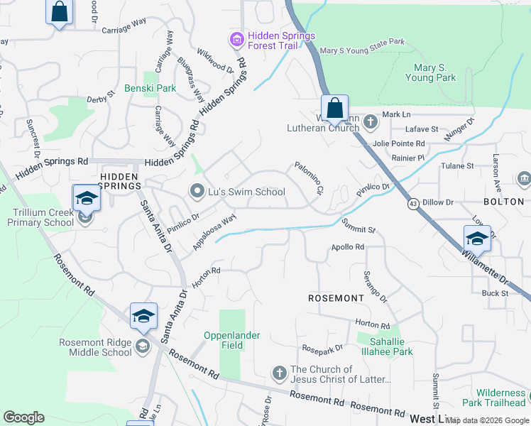 map of restaurants, bars, coffee shops, grocery stores, and more near 6547 Palomino Way in West Linn