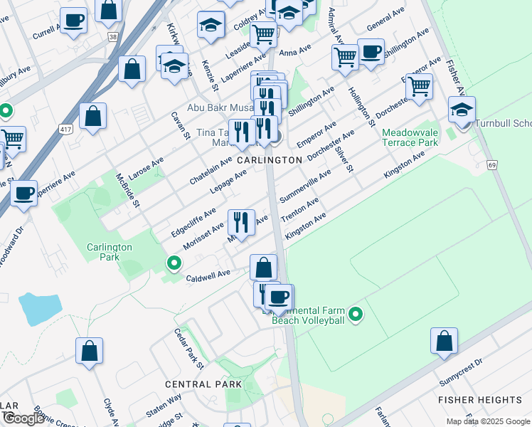 map of restaurants, bars, coffee shops, grocery stores, and more near 373 Mayview Avenue in Ottawa
