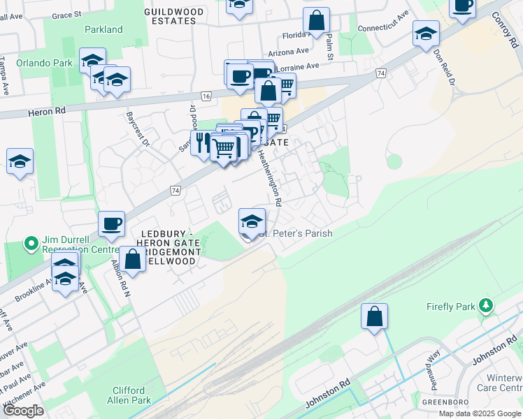 map of restaurants, bars, coffee shops, grocery stores, and more near 56 Angela Private in Ottawa
