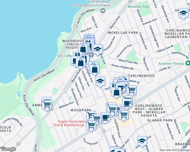 map of restaurants, bars, coffee shops, grocery stores, and more near 210 Woodroffe Avenue in Ottawa