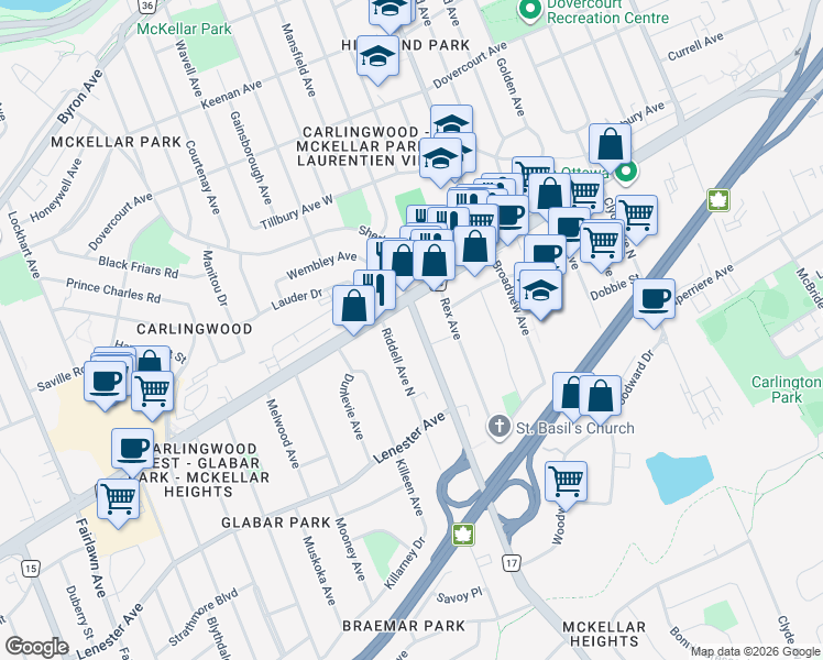 map of restaurants, bars, coffee shops, grocery stores, and more near 820 Maitland Avenue in Ottawa