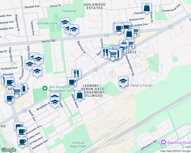 map of restaurants, bars, coffee shops, grocery stores, and more near 1500 Walkley Road in Ottawa