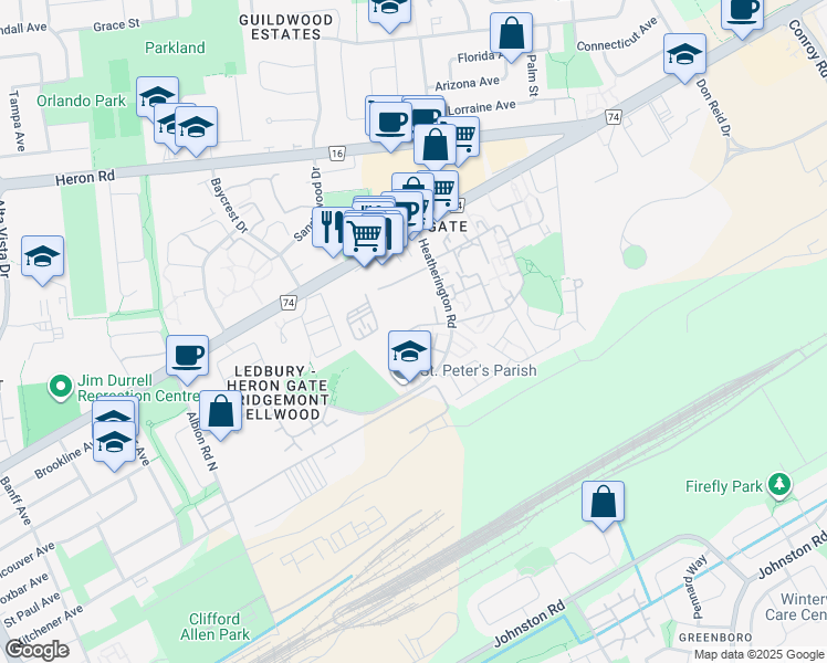 map of restaurants, bars, coffee shops, grocery stores, and more near 56 Angela Private in Ottawa