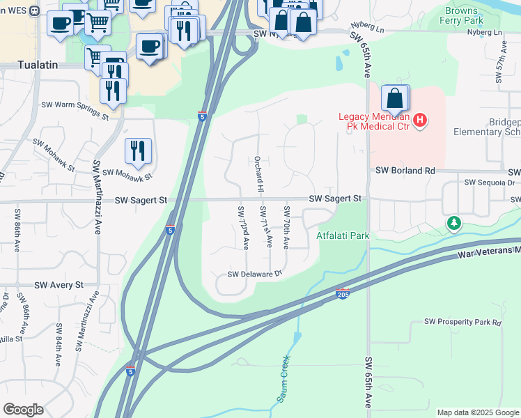 map of restaurants, bars, coffee shops, grocery stores, and more near 20047 Southwest 71st Avenue in Tualatin