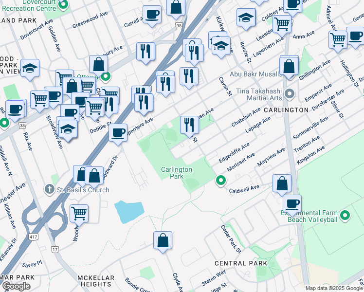 map of restaurants, bars, coffee shops, grocery stores, and more near 1546 Raven Avenue in Ottawa