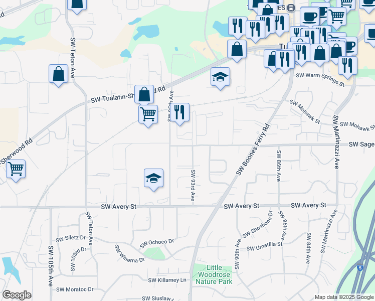 map of restaurants, bars, coffee shops, grocery stores, and more near 9370 Southwest Sagert Street in Tualatin